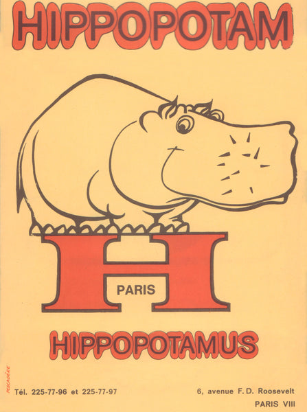 Hippopotamus, Paris 1970s Menu Art