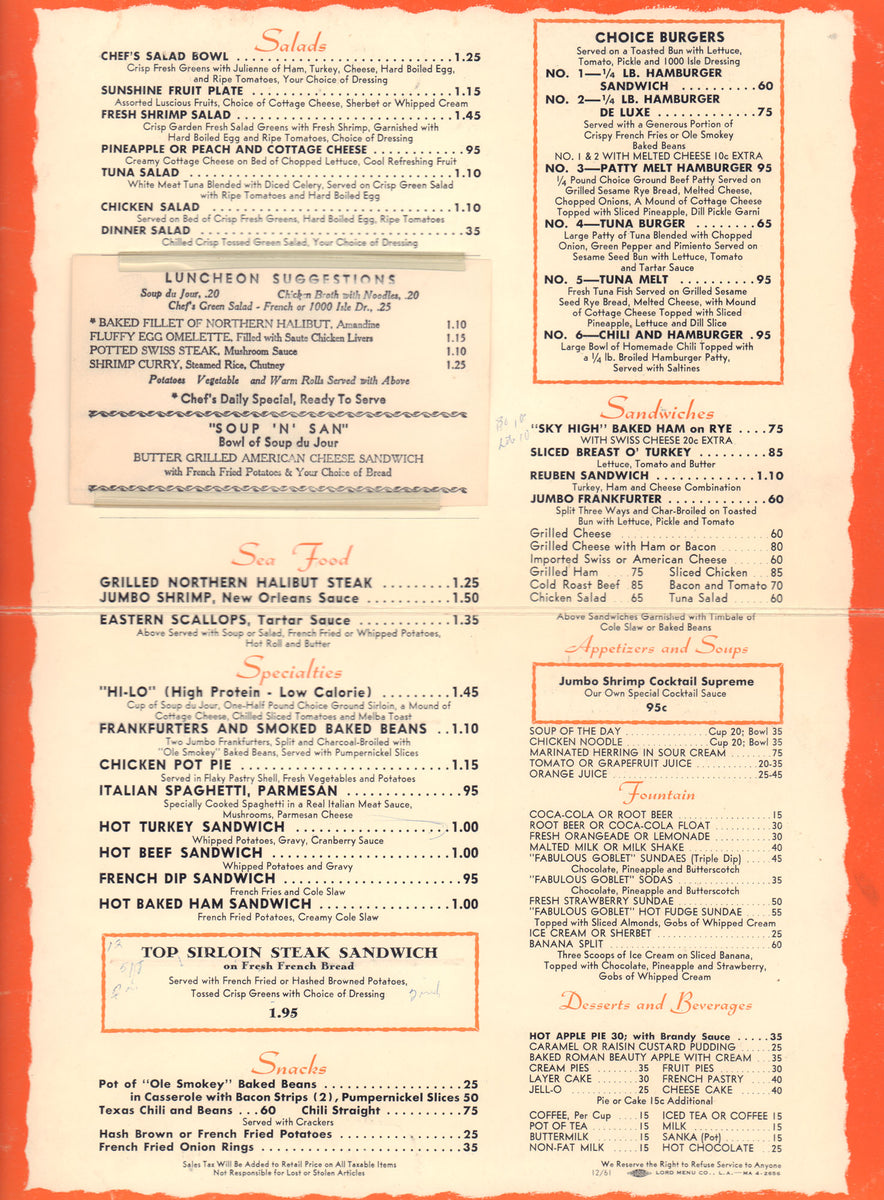 Hollywood Plaza Hotel, Hollywood 1961 – Vintage Menu Art