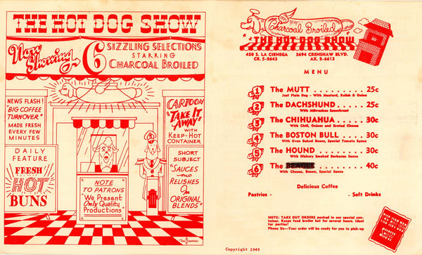 Hot Dog Show, Los Angeles 1950s Menu