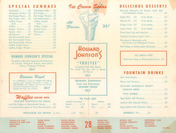 Howard Johnson's Ice Cream 2 1957 Menu