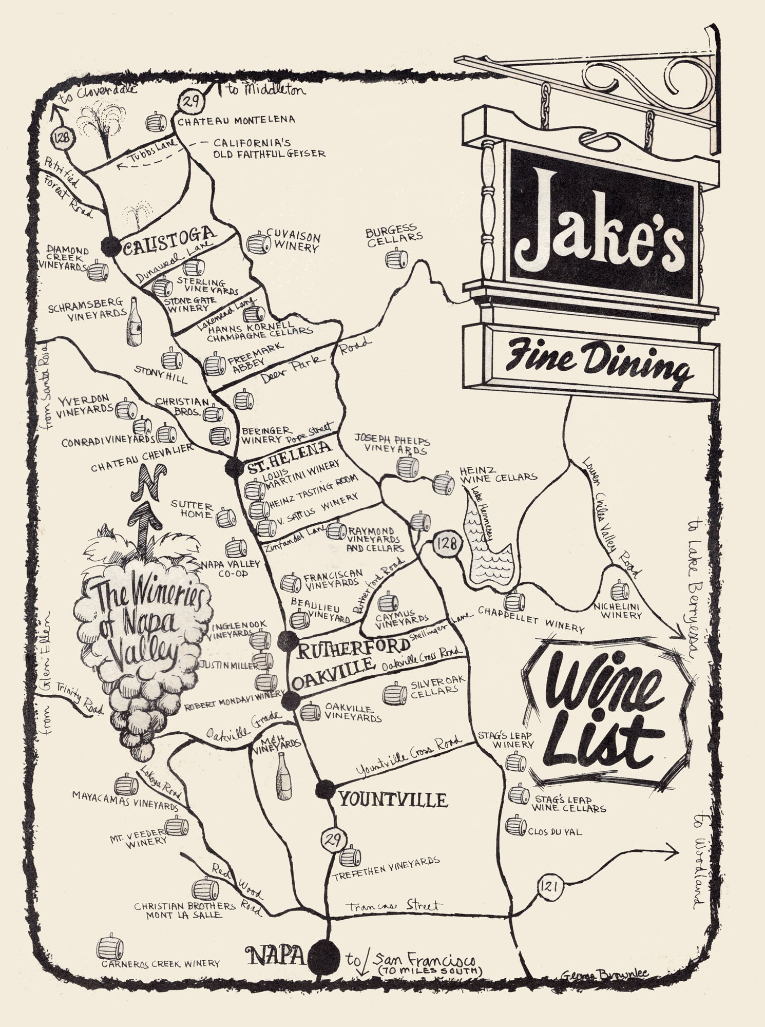 Jake's, Pewaukee WI 1970s Wine Map of Napa