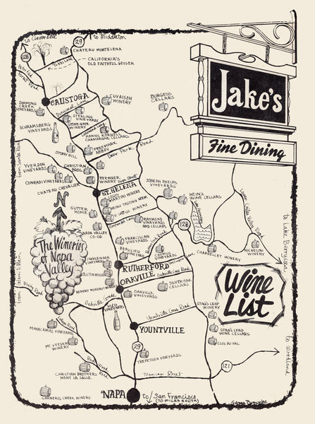 Jake's, Pewaukee WI 1970s Wine Map of Napa