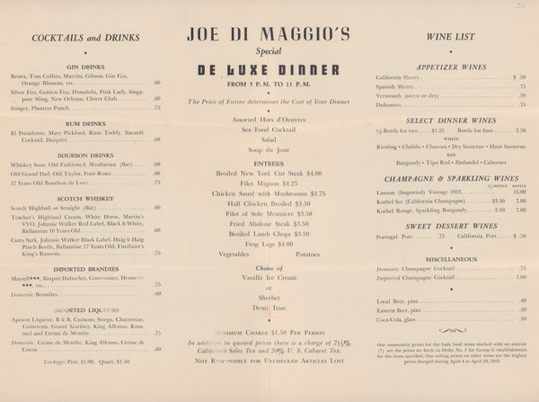 Club Joe di Maggio, San Francisco 1940s Dinner Menu
