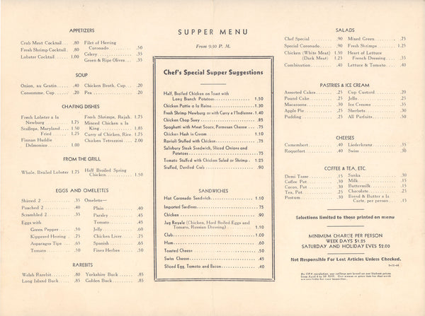 Hotel Coronado Jug Supper, St Louis 1944 Menu