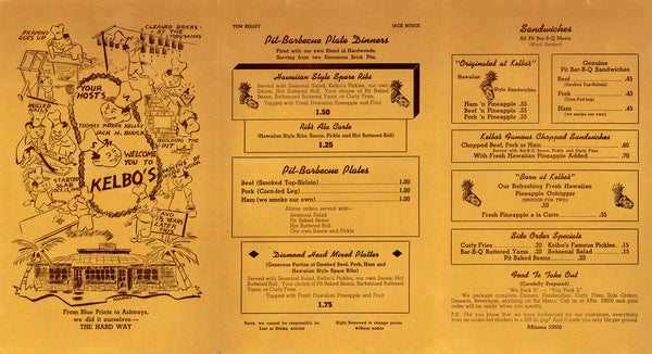 Kelbo's, Los Angeles 1950s Menu