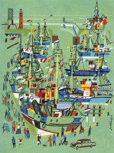 KLM, Artist's Impression Of A Dutch Fishing Harbour  - Jo Klingers, 1955 Menu Art