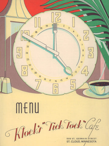 Klock's Tick Tock Diner, St Cloud MI, 1931 Menu Art