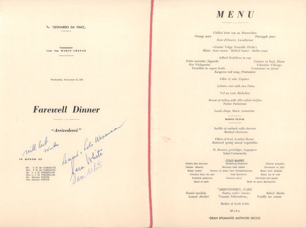 S.S. Leonardo Da Vinci 1961 Farewell Dinner Menu