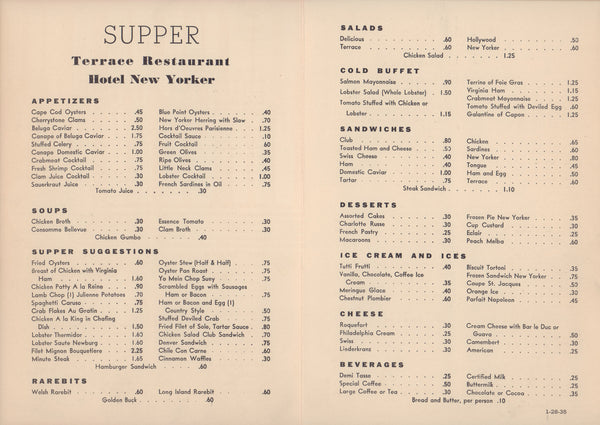 Hotel New Yorker, Let Us Be Gay 1935 Menu