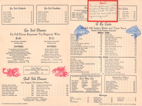 Lou's Fish Grotto, Monterey 1940s Menu