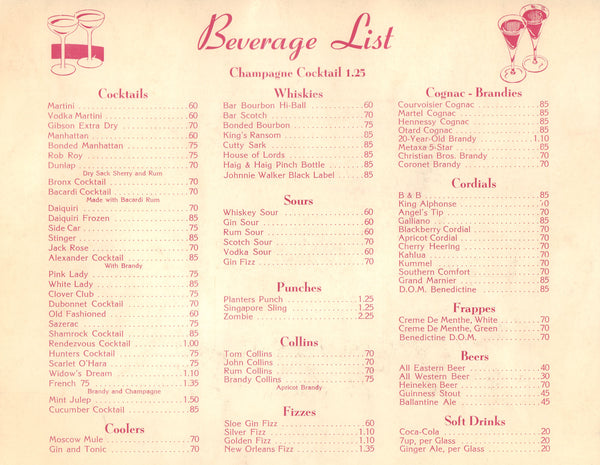 Malibu Rendezvous, Malibu 1960s Drinks menu