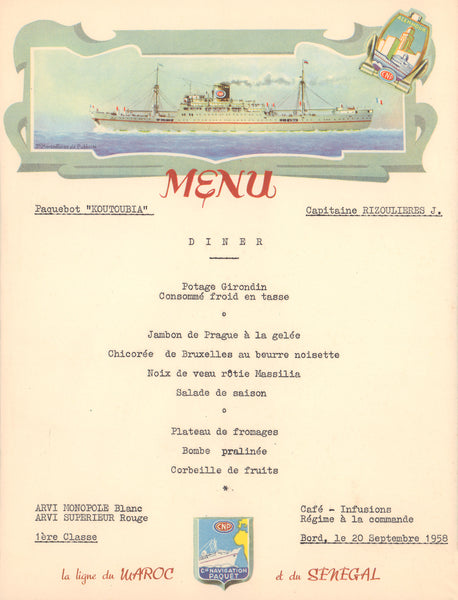 Paquebot “Koutoubia” 1958, Compagnie de Navigation Paquet, Marseille Menu 