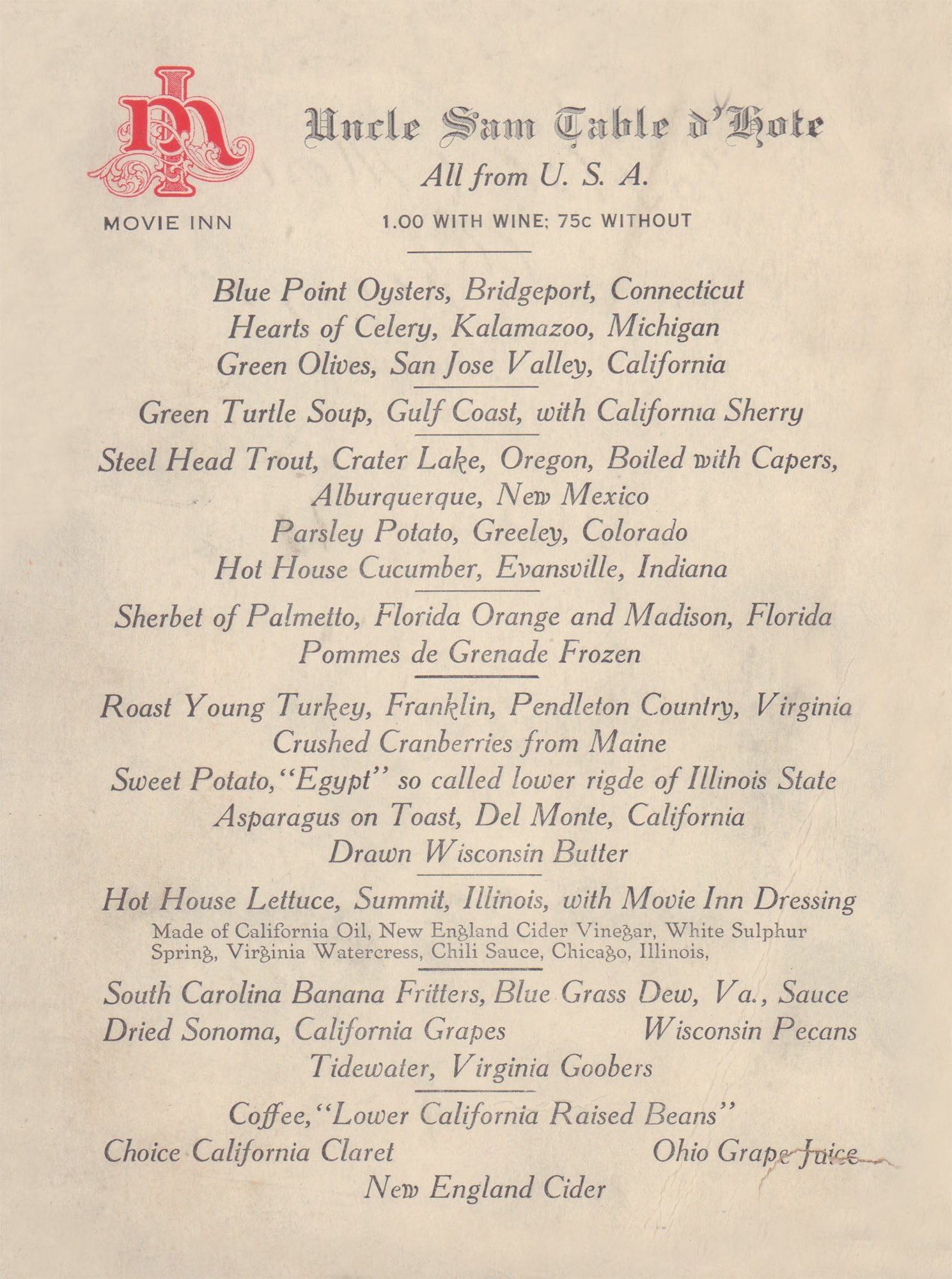 Movie Inn, Chicago 1910s Uncle Sam menu