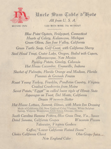 Movie Inn, Chicago 1910s Uncle Sam menu