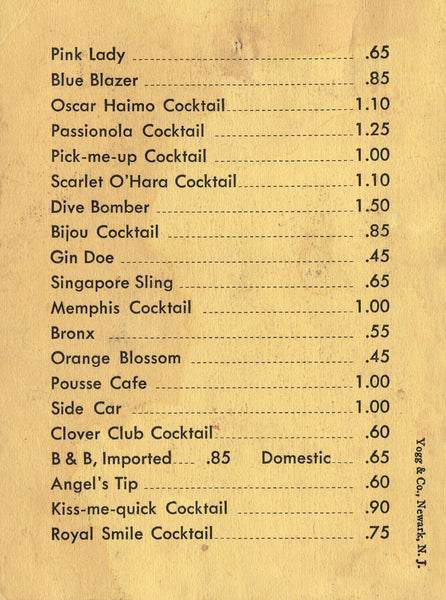 Delicious Rum Drinks, New Olney Hotel, Maryland 1950s Menu
