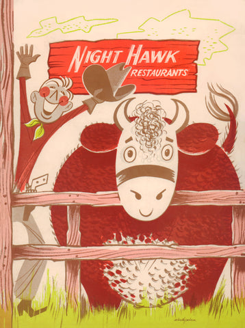 Night Hawk Kids Menu, Austin 1970s  Menu Art