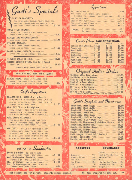 Gusti's, Washington D.C. 1958 Menu