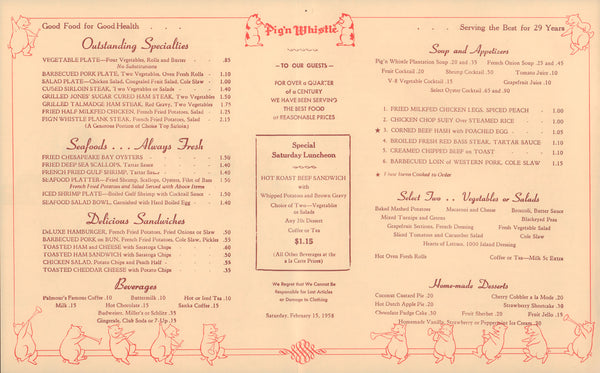 Pig'n Whistle, Atlanta 1958 Menu