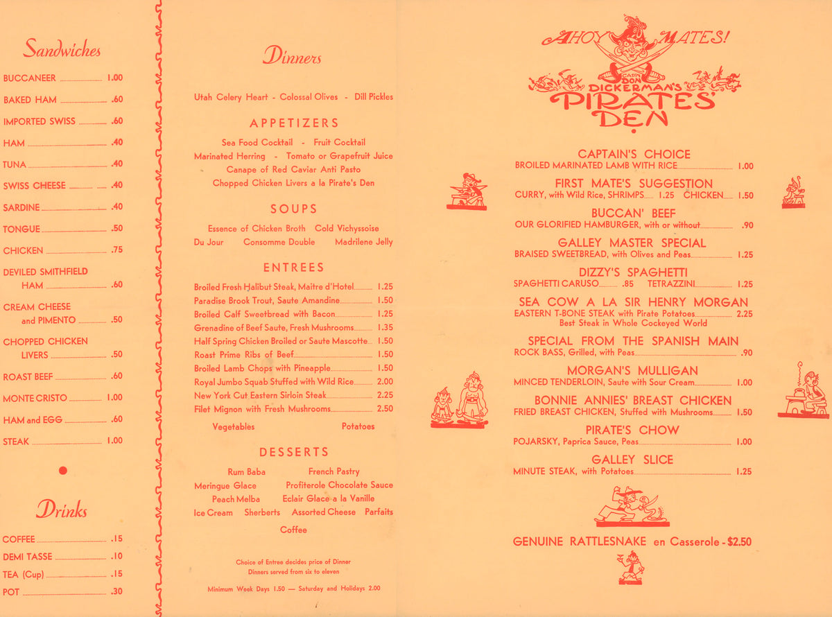 Pirate's Den, Los Angeles 1940s – Vintage Menu Art