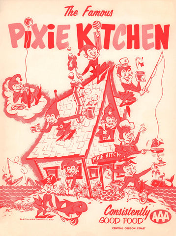 Pixie Kitchen, Lincoln City OR 1970s Menu Art
