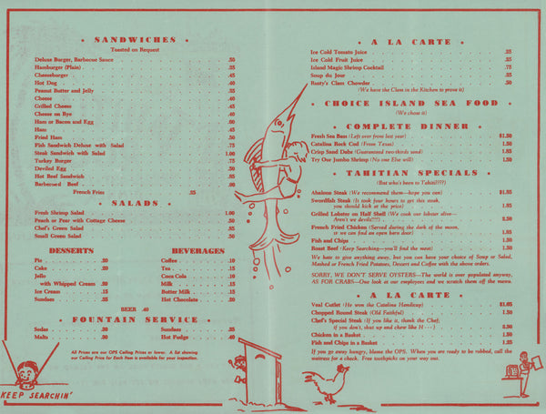 Rusty's Tahitian Room, Santa Catalina Island 1946 Menu