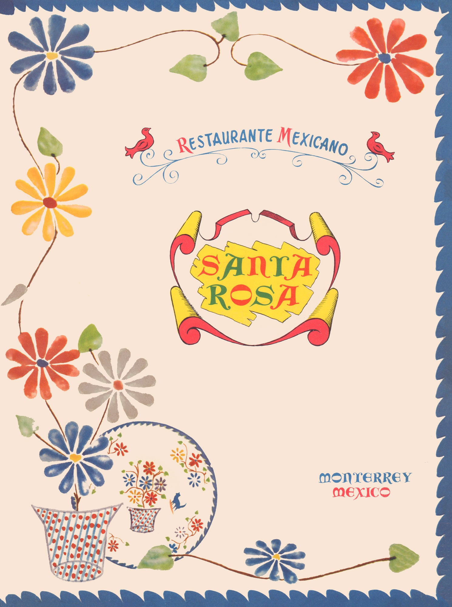 Santa Rosa, Monterrey Mexico 1950s Menu Art