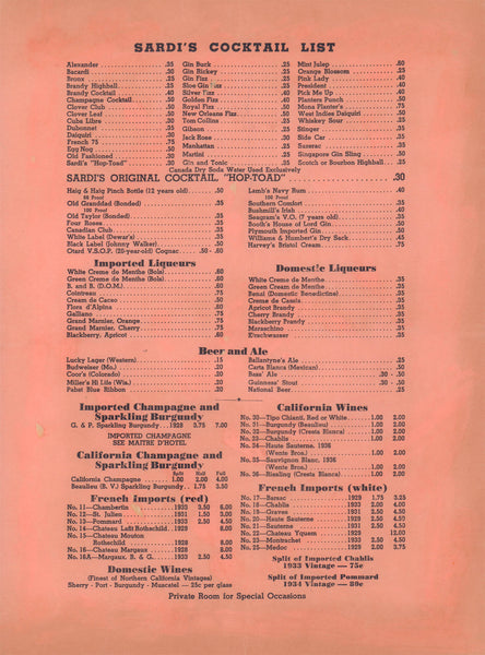 Covey's Sardi's, Hollywood 1941 Cocktail list