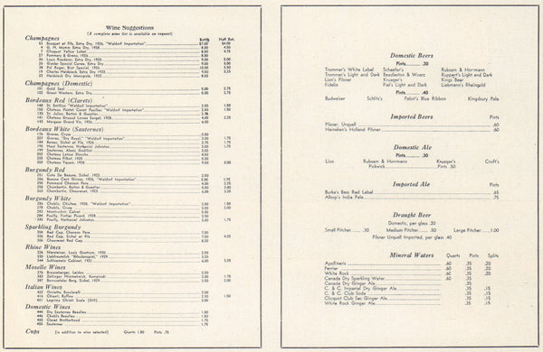 Starlight Roof Wine List, Waldorf Astoria, New York 1934 wine list