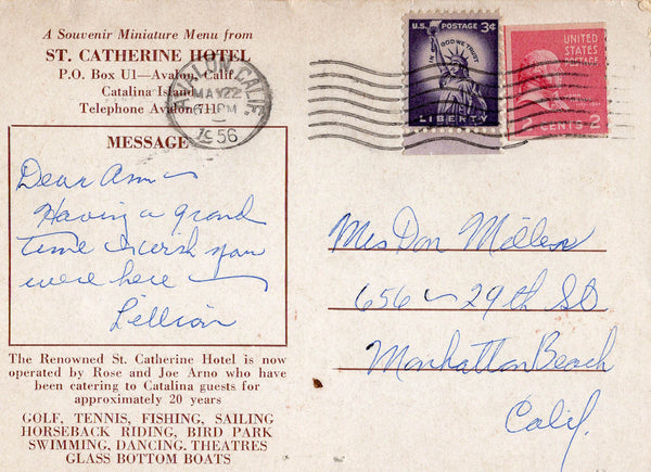 St Catherine's Hotel, Catalina Island 1956 Souvenir miniater menu post card