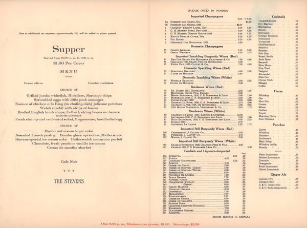 "Supper", Stevens Hotel Chicago 1930s Menu