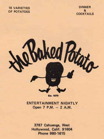 The Baked Potato, Los Angeles 1970s Menu art