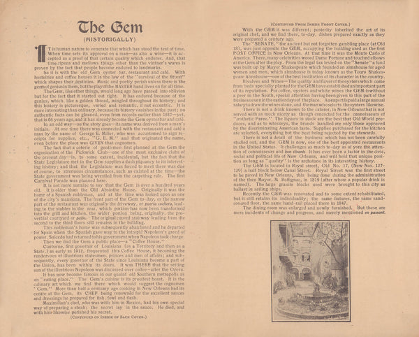 The Gem, New Orleans Circa 1913 History