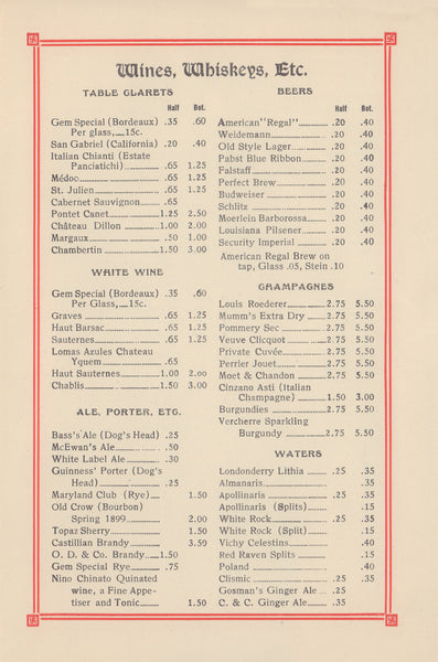 The Gem, New Orleans Circa 1913 wines menu