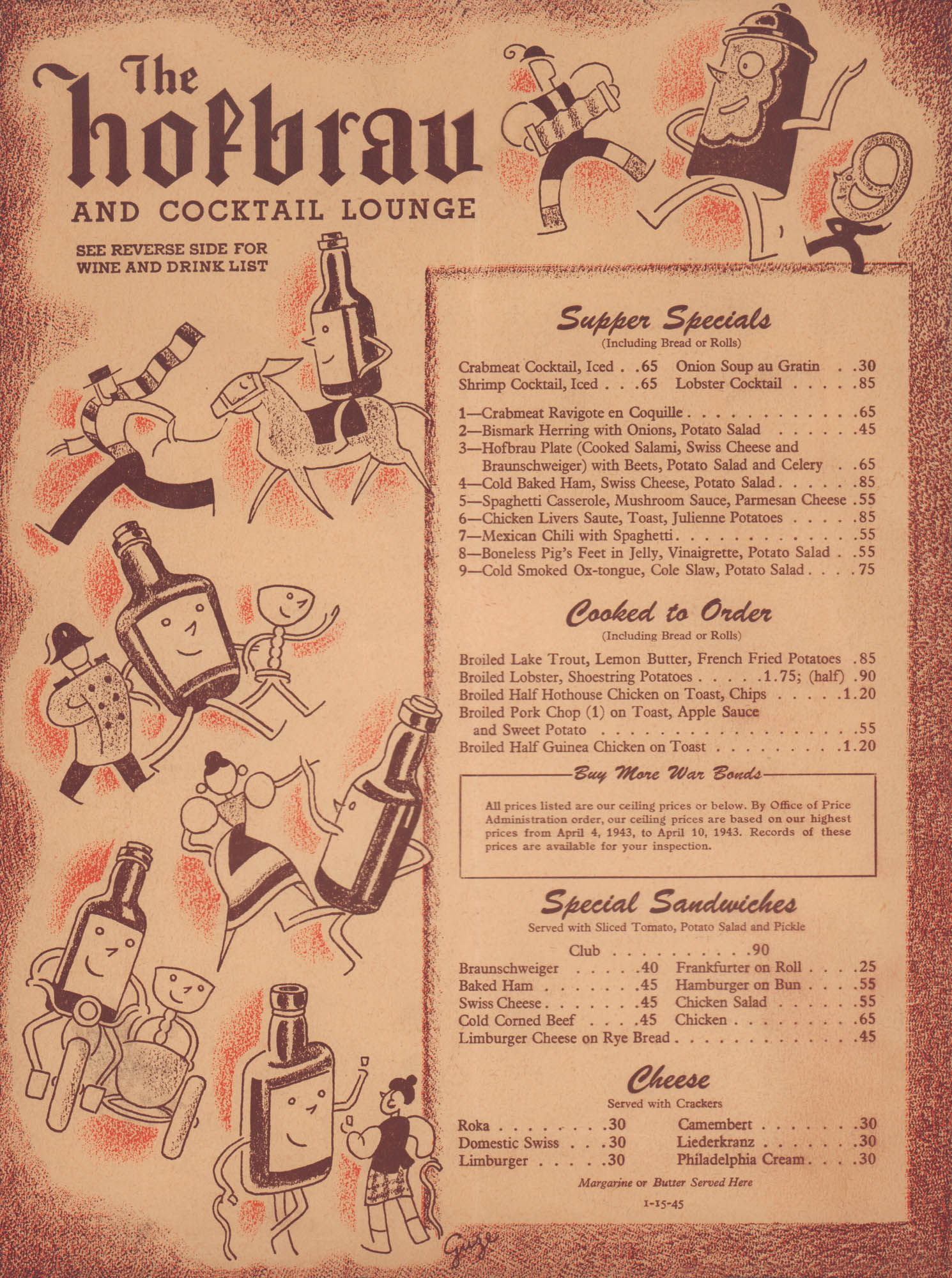 The Hofbrau and Cocktail Lounge, San Francisco 1945 Menu Art