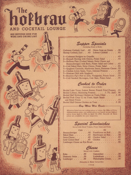 The Hofbrau and Cocktail Lounge, San Francisco 1945 Menu Art