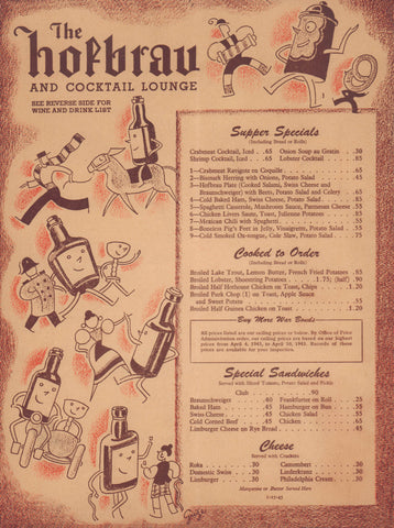 The Hofbrau and Cocktail Lounge, San Francisco 1945 Menu Art