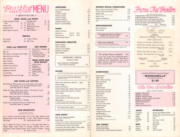 The Springs, Palm Springs 1950s Menu