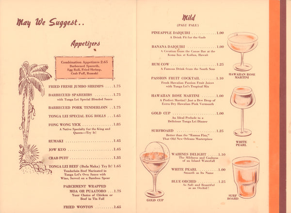 Tonga Lei, Malibu 1960s Menu