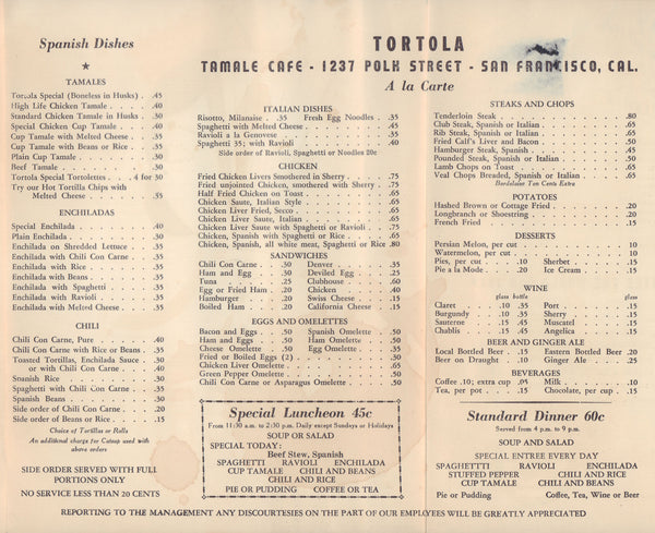 Tortola, Sa Francisco 1939 Menu