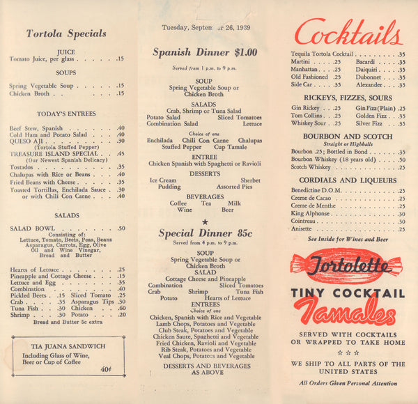 Tortola, Sa Francisco 1939 Menu cocktails