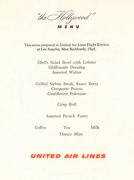 United Airlines, The Hollywood Menu 1950s Menu
