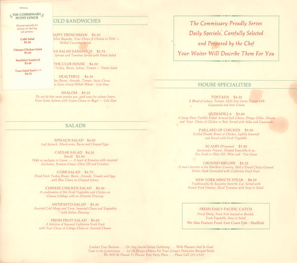 20th Century Fox Commissary, Los Angeles 1980s Menu