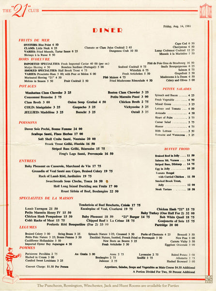 21 Club, New York 1981 Menu