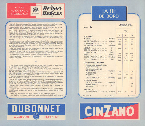 Air France In-flight Menu, 1957 