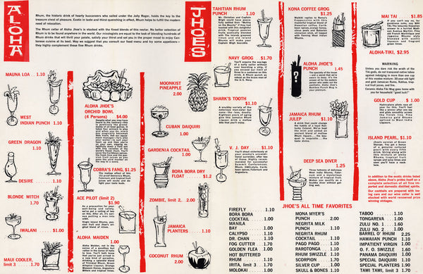 Aloha Jhoes, Pal Springs 1960s Tiki Menu