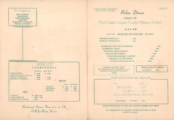 Hotel Bahia, Enseneda Mexico 1950s Menu