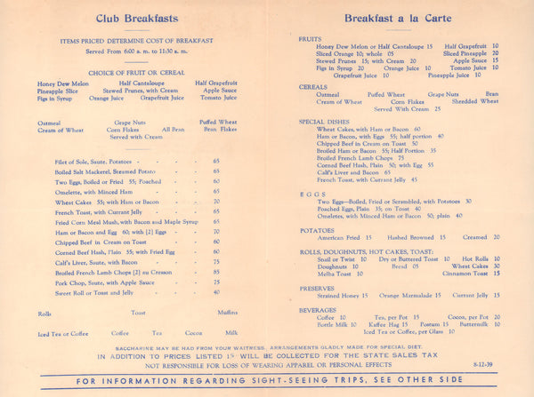 Fred Harvey Bright Angel Lodge, Grand Canyon Arizona 1939 Menu