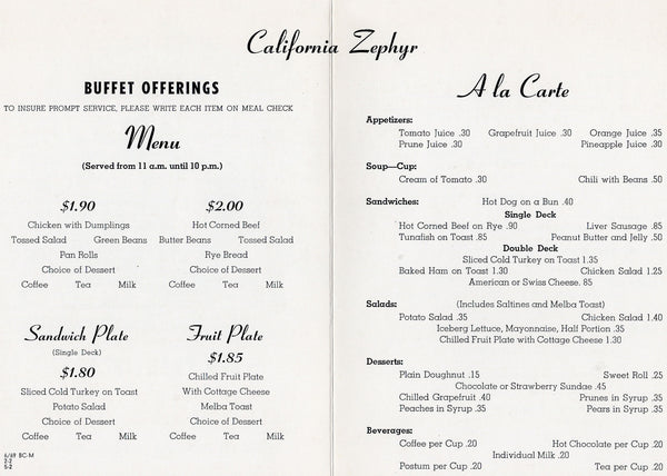 California Zephyr, San Francisco Cable Car Room 1969 Menu