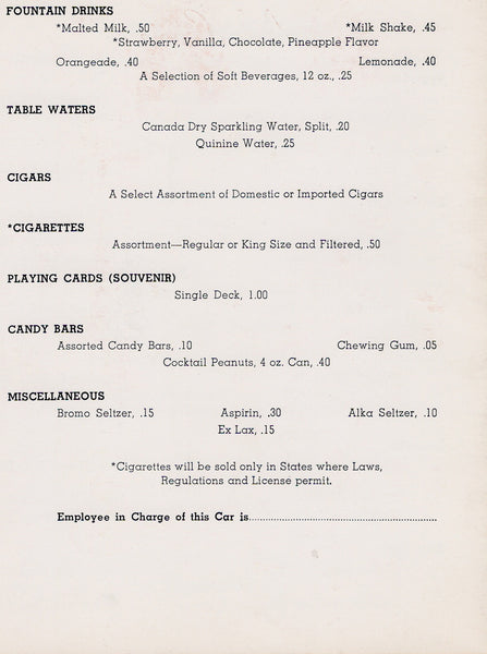 California Zephyr, San Francisco Cable Car Room 1969 Menu