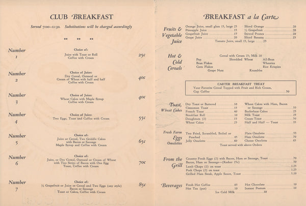 Carter Hotel, Hastings Nebraska 1940s  menu